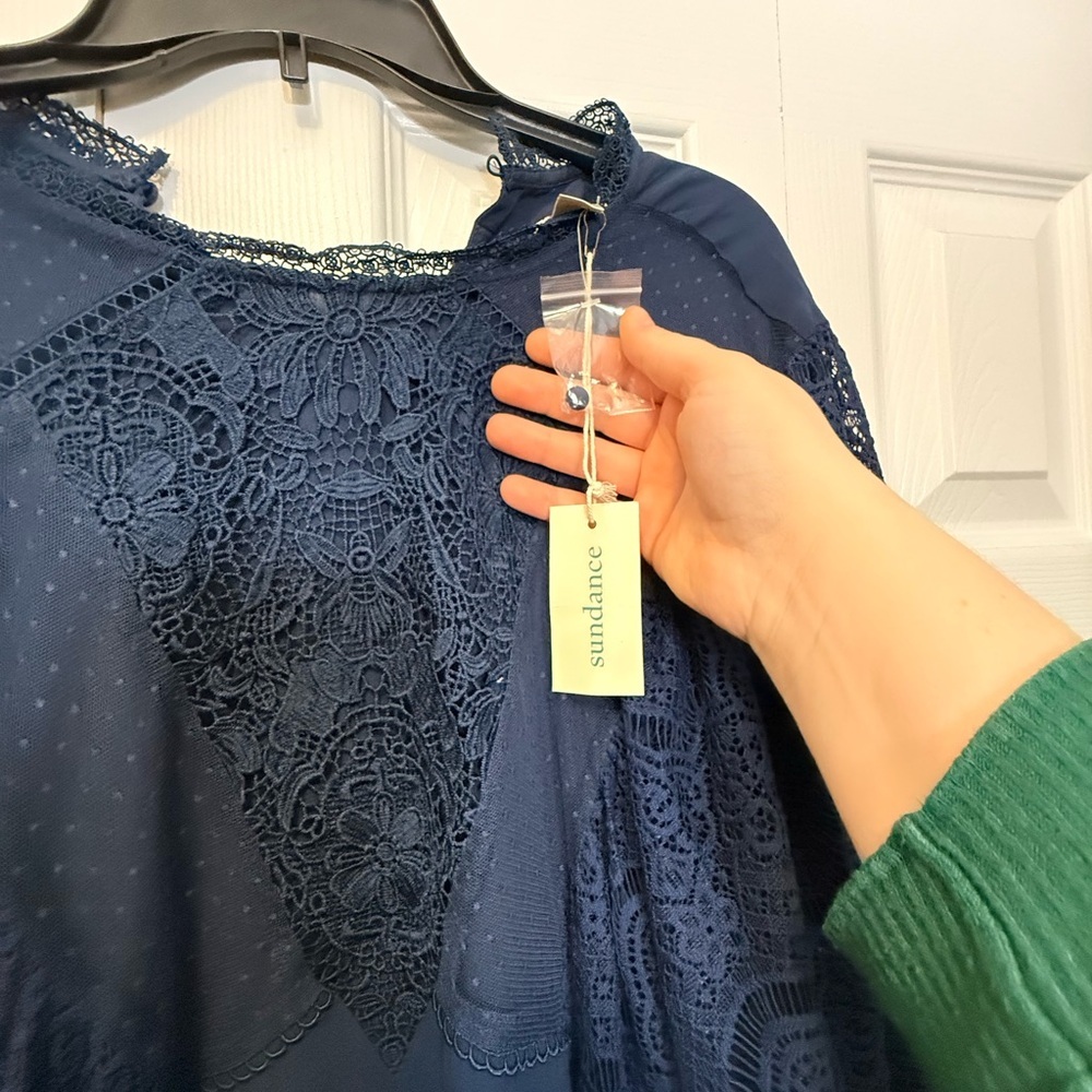 Sundance Blue Lace Boho Dress Size Large NWT Sheer Sleeve Midi - Picture 3 of 8